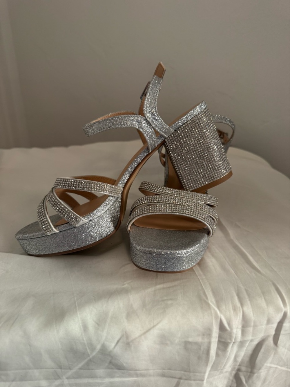 Delicious Silver Glitter Platform Strappy Heels